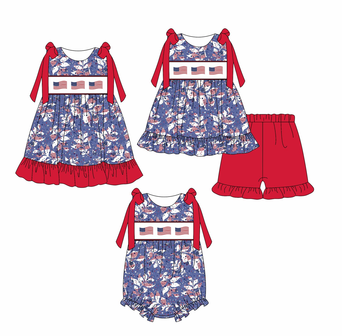 2.21 custom each style moq 5eta 4-6week Sibling Sister flag baby girl short sleeve shorts sets and dress and rompers match family design