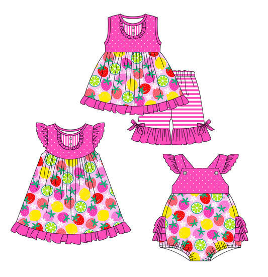 2.18 custom each style moq 5eta 4-6week Sibling Sisters fruit baby girl short sleeve shorts sets and dress and rompers match family design