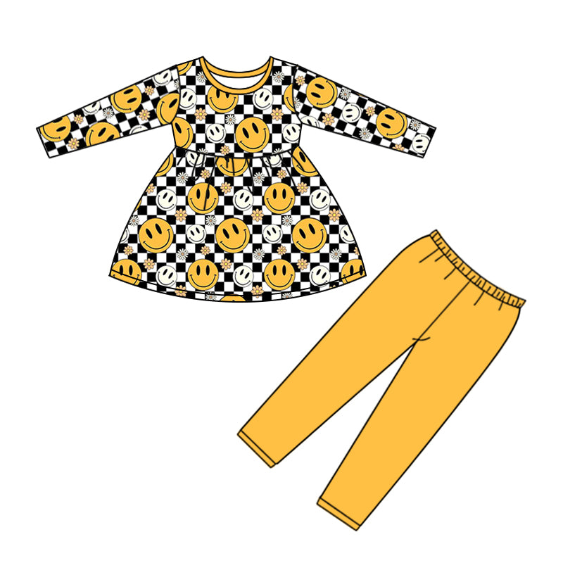 5.9custom each style moq 5eta 4-5week Sibling Sister Smiley face black and white plaid prints yellow girls set and dress and baby romper match family design