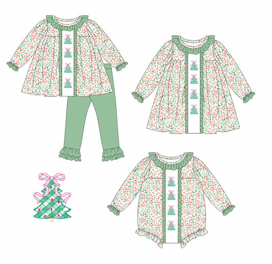 25.5.16 custom each style moq 5eta 4-6week Sibling Sisters Christmas trees bow baby girl long sleeve pants sets and dress and rompers match family design