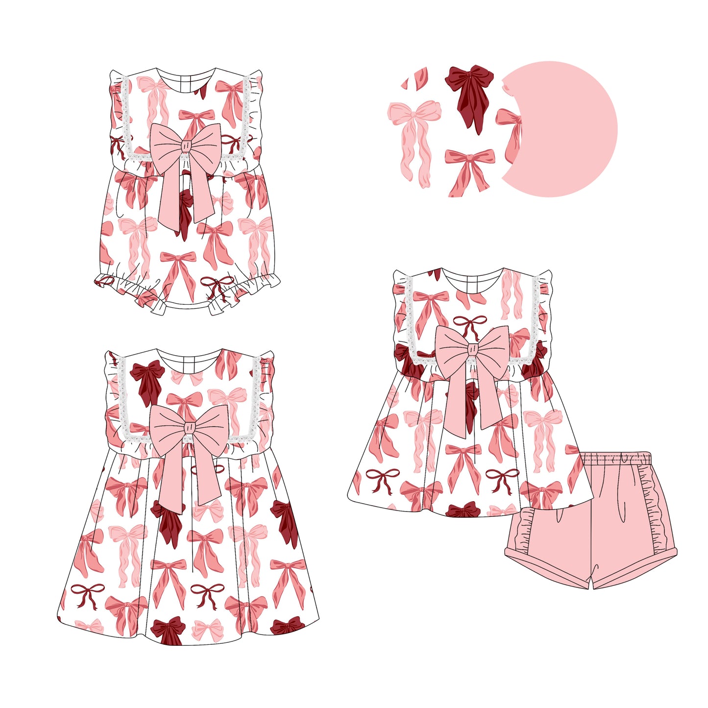 3.14 custom each style moq 5eta 4-6week Sibling Sisters bow baby girl short sleeve shorts sets and dress and rompers match family design