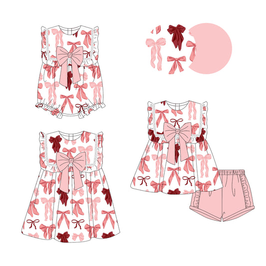 3.14 custom each style moq 5eta 4-6week Sibling Sisters bow baby girl short sleeve shorts sets and dress and rompers match family design