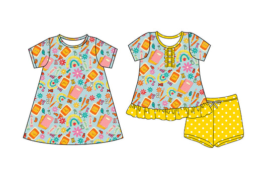 4.10 custom each style moq 5eta 4-6week Sibling Sister school baby girl short sleeve shorts sets and dresses match design