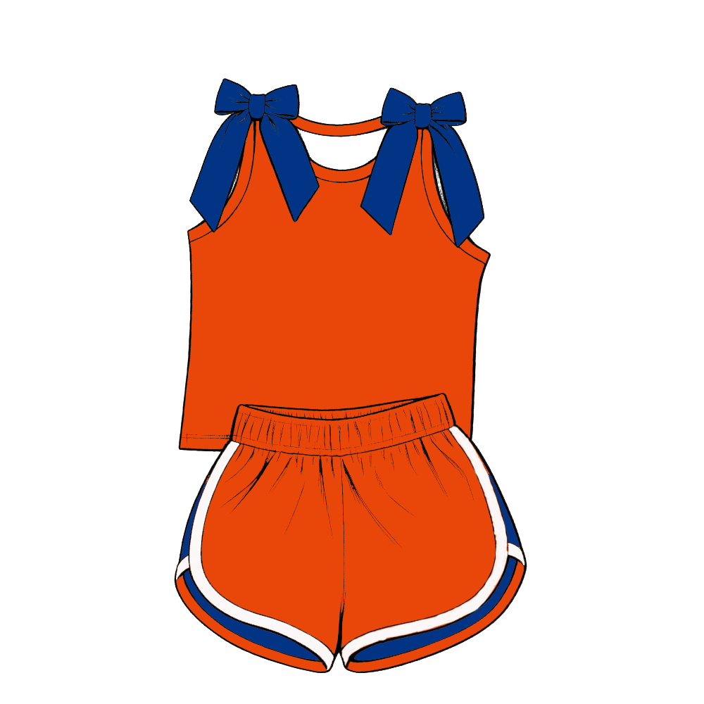 custom moq 5 mix size Baby Girls Bow Sleeveless Orange Top Shorts Summer Casual Clothes Set