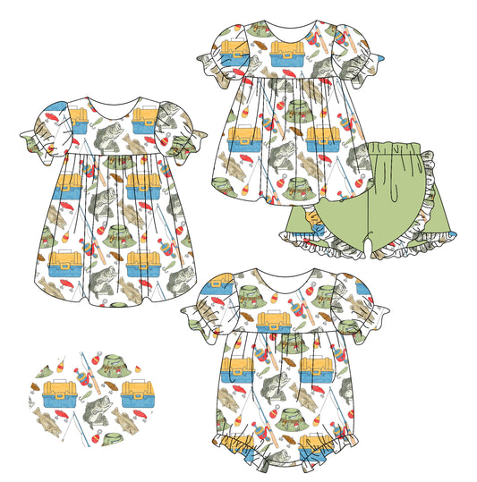 2.15 custom each style moq 5eta 4-6week Sibling Sisters fish baby girl short sleeve shorts sets and dress and rompers match family design