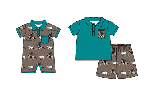 12.16 custom each style moq 5eta 4-6week Sibling Sister riding horse baby boy short sleeve shorts sets and rompers match design