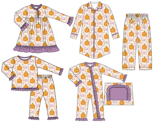 25.6.25 custom each style moq 5eta 4-6week Sibling Sisters pumpkin bow baby girl long sleeve pants sets and adult top and adult pants and romper and dress match family design