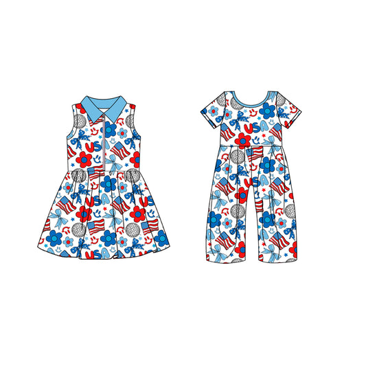 4.19 custom each style moq 5eta 4-6week Sibling Sister USA bow floral baby girl short sleeve yoga dresses and jumpsuit match design