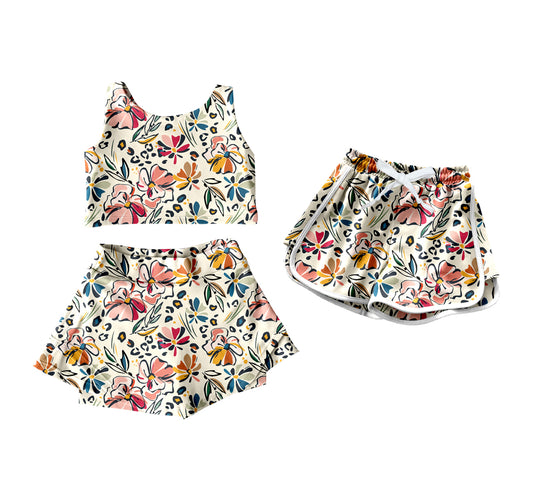 4.9 custom each style moq 5eta 4-6week Sibling Sister leopard floral baby girls clothes Short sleeve yoga dress and shorts match family design