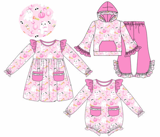 25.8.13 custom each style moq 5eta 4-6week Sibling Sisters ghost bow pink baby girl long sleeve pants sets and dress and rompers match family design