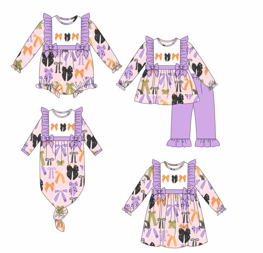 25.6.9 custom each style moq 5eta 4-6week Sibling Sisters bow purple baby girl long sleeve pants sets and dress and rompers and nightgown match family design