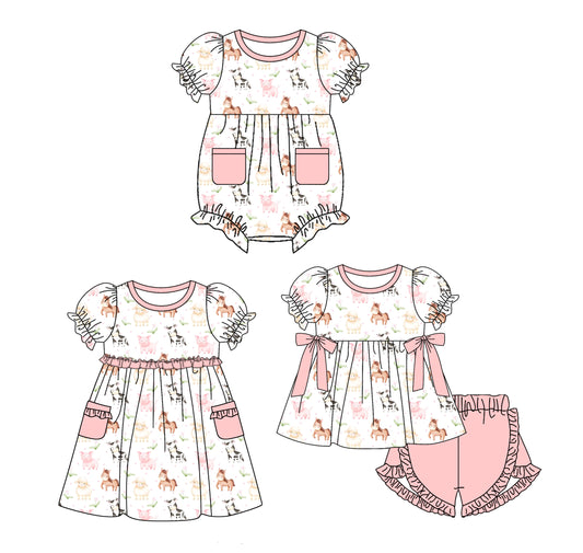 3.24 custom each style moq 5eta 4-6week Sibling Sisters animal baby girl short sleeve shorts sets and dress and rompers match family design