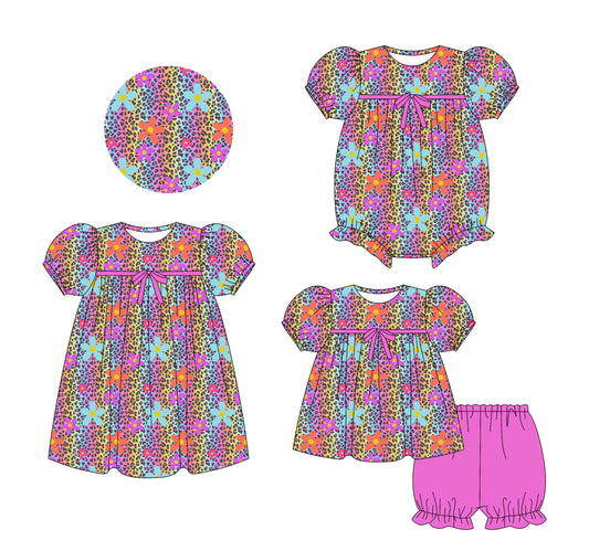25.5.24 custom each style moq 5eta 4-6week Sibling Sisters leopard floral baby girl short sleeve shorts sets and dress and rompers match family design