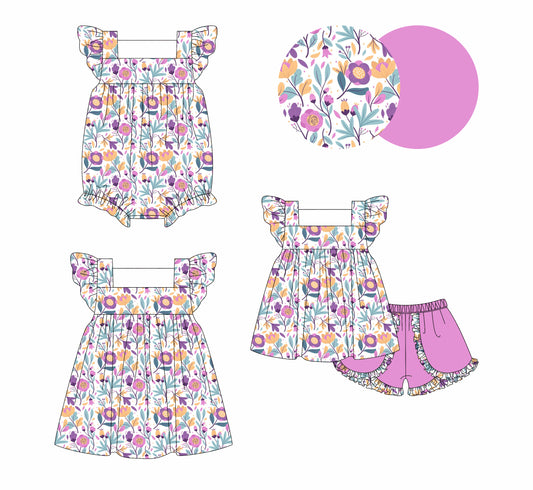 4.7 custom each style moq 5eta 4-6week Sibling Sisters floral baby girl short sleeve shorts sets and dress and rompers match family design