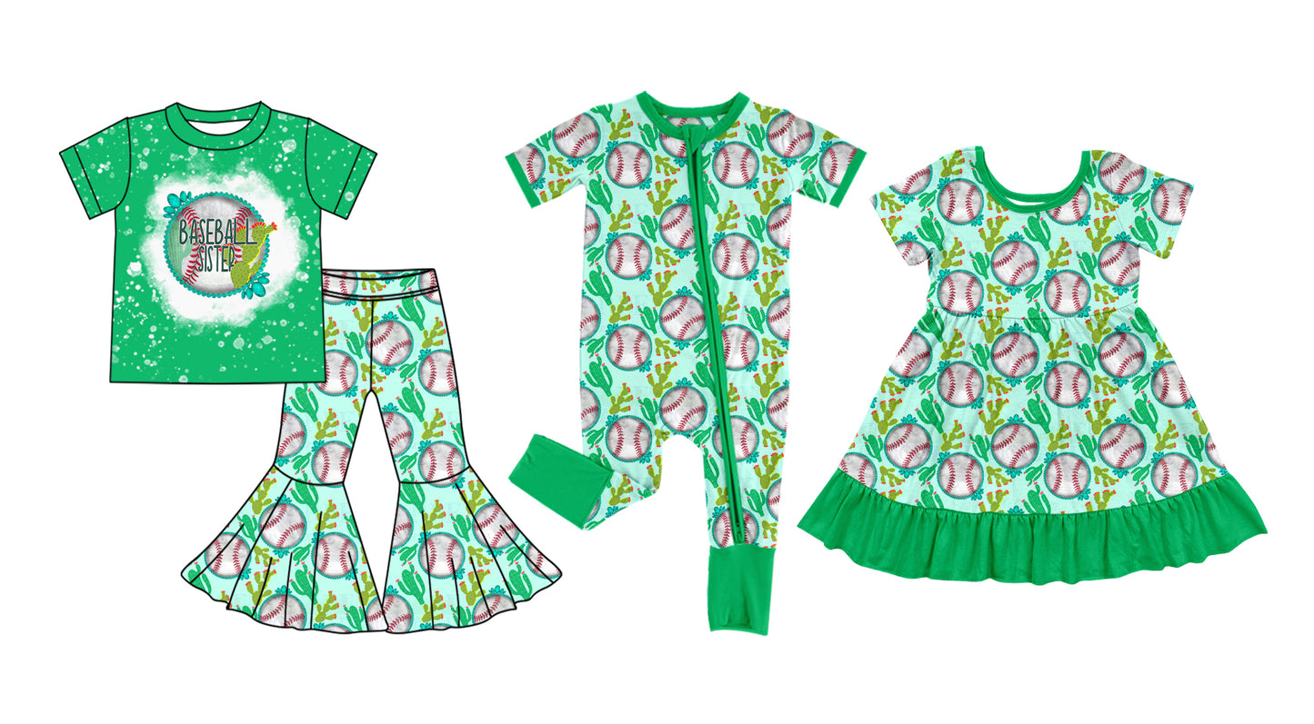 11.30 custom each style moq 5eta 4-6week Sibling Sister baseball catcus green baby girl sets and dress and rompers match family design