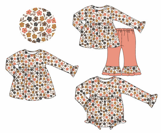 25.7.9 custom each style moq 5eta 4-6week Sibling Sisters floral baby girl long sleeve pants sets and dress and rompers match family design