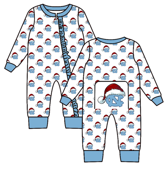 Custom moq 5 eta 6-8weeks  Christmas hat sky blue white teamlong sleeve girls  romper