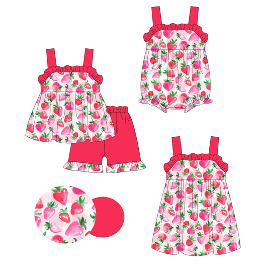 3.13 custom each style moq 5eta 4-6week Sibling Sisters strawberry baby girl short sleeve shorts sets and dress and rompers match family design