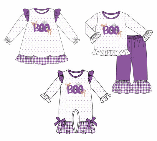 25.7.10 custom each style moq 5eta 4-6week Sibling Sisters BOO baby girl long sleeve pants sets and dress and rompers match family design
