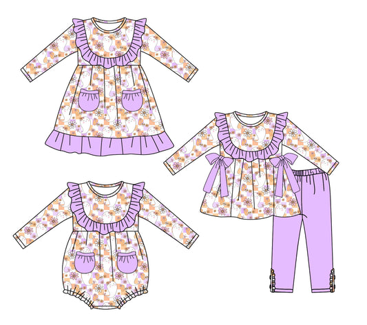 25.5.12 custom each style moq 5eta 4-6week Sibling Sisters ghost floral baby girl long sleeve pants sets and dress and rompers match family design