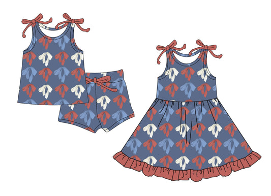4.15 custom each style moq 5eta 4-6week Sibling Sister bow baby girl short sleeve shorts sets and dresses match design