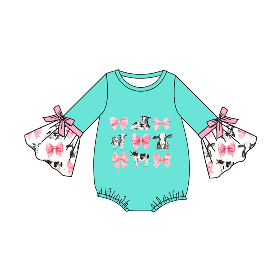 8.28 custom each style moq 5eta 4-6week Sibling Sister cow bow green and blue baby girl sets and dress and rompers match family design