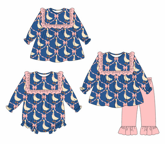 25.5.14 custom each style moq 5eta 4-6week Sibling Sisters duck bow blue baby girl long sleeve pants sets and dress and rompers match family design