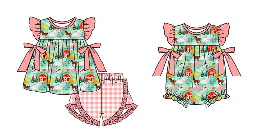 11.13 custom each style moq 5eta 4-6week Sibling Sister farm baby girl short sleeve shorts sets and rompers match design