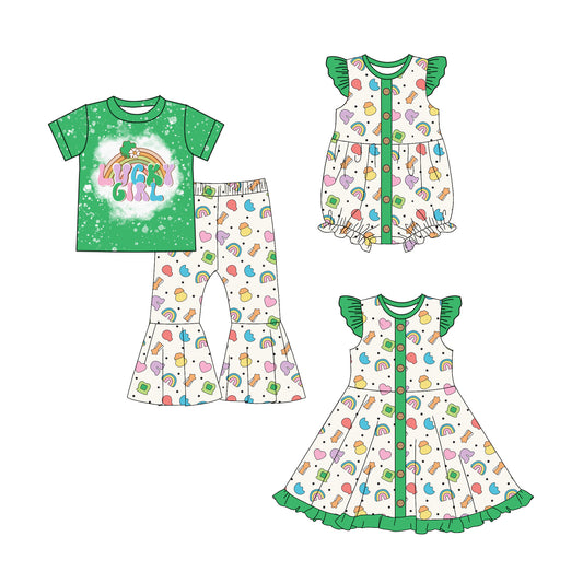 25.10.1 custom each style moq 8 eta 6-8week Sibling Sisters LUCKY baby girl short sleeve pants sets and dress and rompers match family design