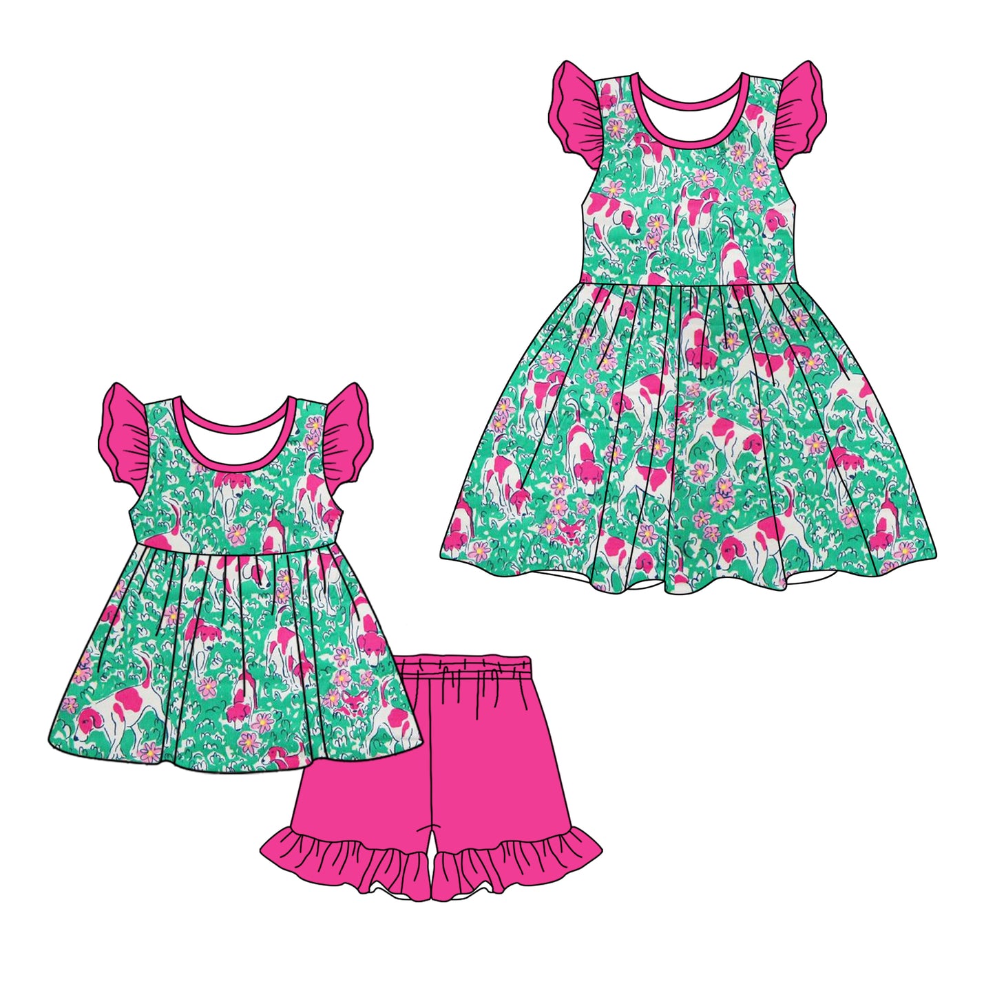 12.14 custom each style moq 5eta 4-6week Sibling Sister dog baby girl short sleeve shorts sets and dresses match design