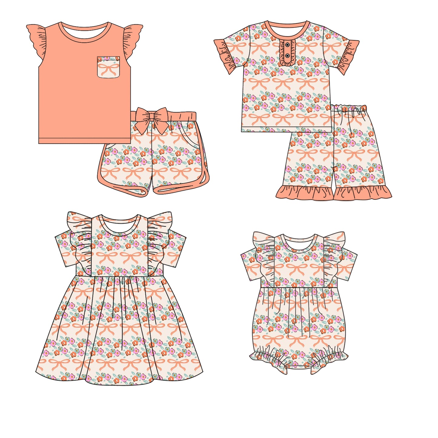 12.20 custom each style moq 5eta 4-6week Sibling Sister bow floral baby girl short sleeve shorts sets and sets 2 and girls romper and boy romper and dress match design