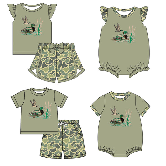 11.28 custom each style moq 5eta 4-6week Sibling Sister duck baby girl short sleeve shorts sets and sets 2 and girls romper and boy romper match design