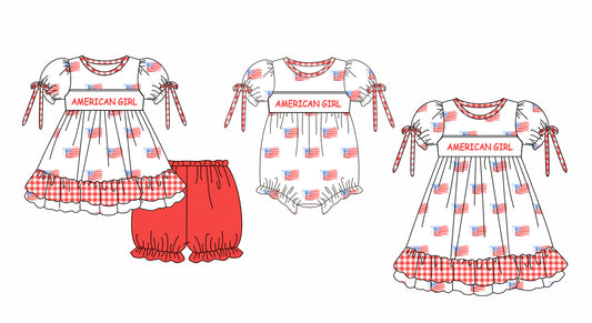 11.25 custom each style moq 5eta 4-6week Sibling Sister AMERICA GIRL baby girl short sleeve shorts sets and dress and rompers match family design