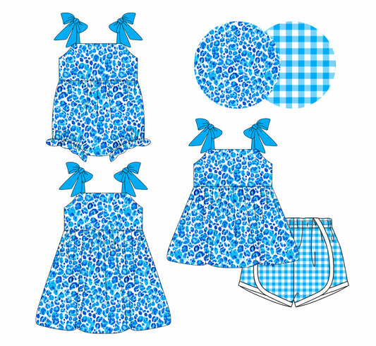 4.4 custom each style moq 5eta 4-6week Sibling Sisters leopard blue baby girl short sleeve shorts sets and dress and rompers match family design