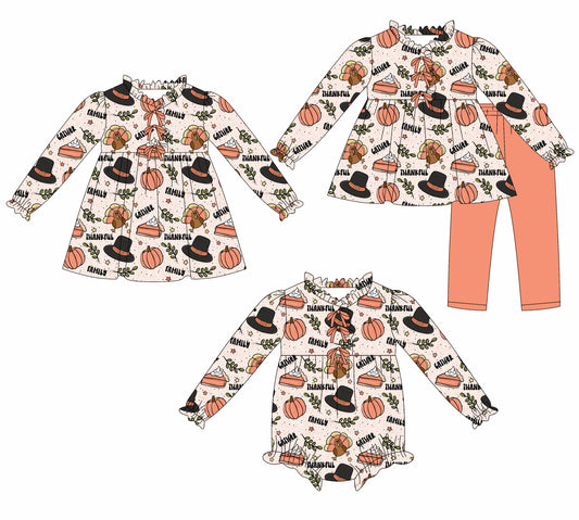 25.7.21 custom each style moq 5eta 4-6week Sibling Sisters pumpkin baby girl long sleeve pants sets and dress and rompers match family design
