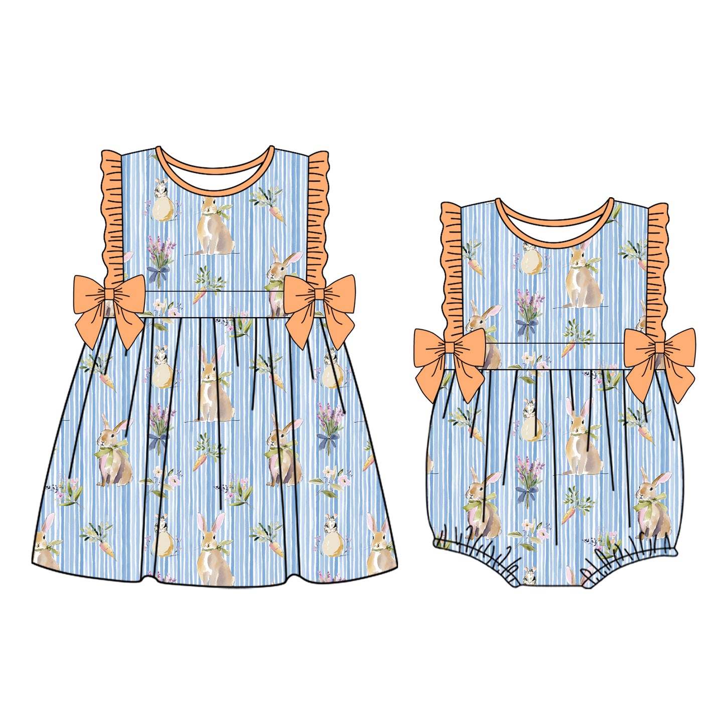 25.12.26 custom each style moq 5 eta 6-8week Sibling Sister bunny baby short sleeve romper and dress match design
