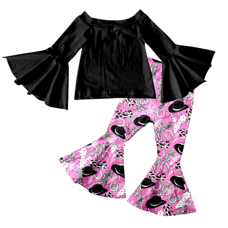 8.17 custom each style moq 5eta 4-6week baby girls clothes hat black long sleeve pants sets