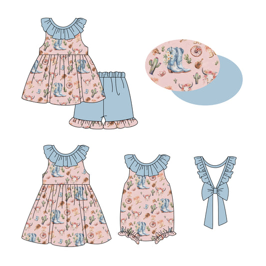 2.20 custom each style moq 5eta 4-6week Sibling Sisters boot catcus baby girl short sleeve shorts sets and dress and rompers match family design