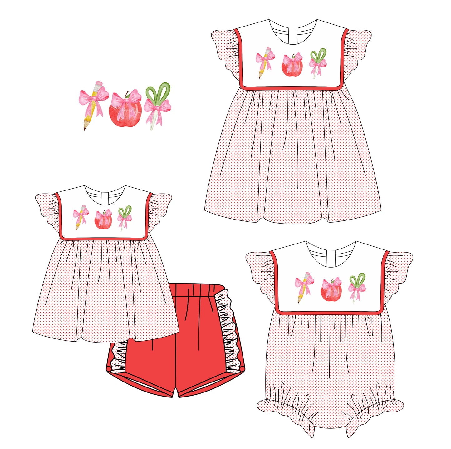 3.6 custom each style moq 5eta 4-6week Sibling Sisters apple bow baby girl short sleeve shorts sets and dress and rompers match family design