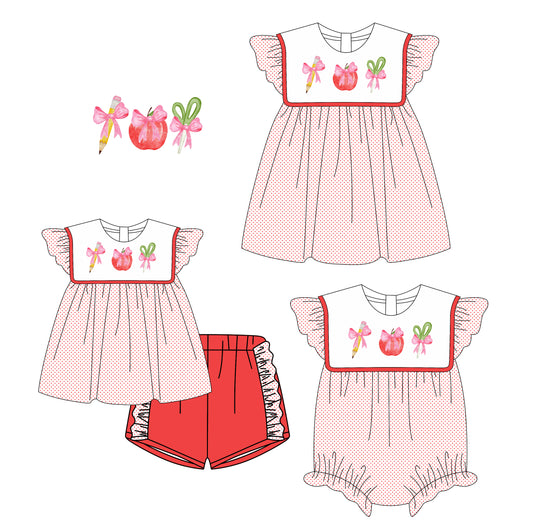 3.6 custom each style moq 5eta 4-6week Sibling Sisters apple bow baby girl short sleeve shorts sets and dress and rompers match family design