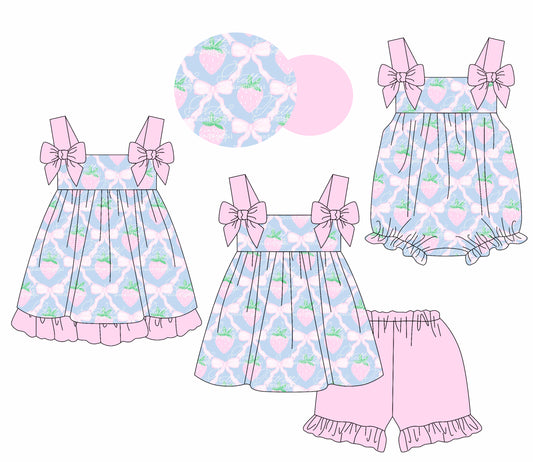 2.28 custom each style moq 5eta 4-6week Sibling Sister bow strawberry baby girl short sleeve shorts sets and dress and rompers match family design