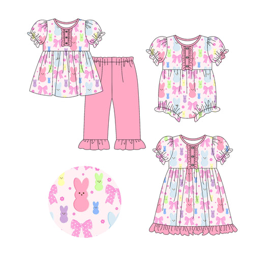 25.9.25 custom each style moq 8 eta 6-8week Sibling Sisters bow bunny baby girl short sleeve pants sets and dress and rompers match family design