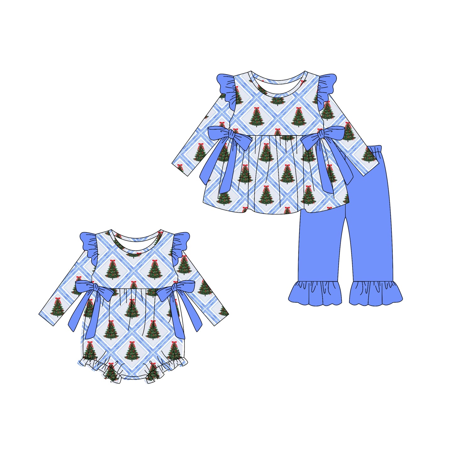 25.6.2 custom each style moq 5eta 4-6week Sibling Sisters Christmas trees bow blue baby girl long sleeve pants sets and rompers match family design