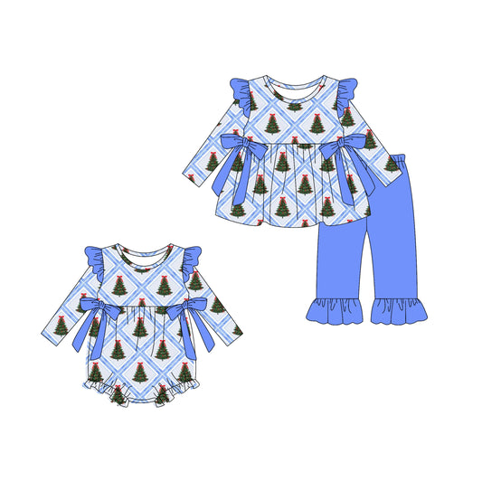 25.6.2 custom each style moq 5eta 4-6week Sibling Sisters Christmas trees bow blue baby girl long sleeve pants sets and rompers match family design