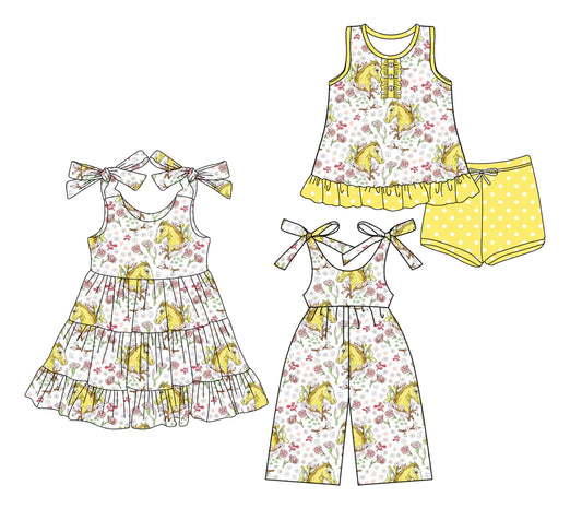 3.21 custom each style moq 5eta 4-6week Sibling Sister horse floral baby girl short sleeve shorts sets and dresses and jumpsuit match design
