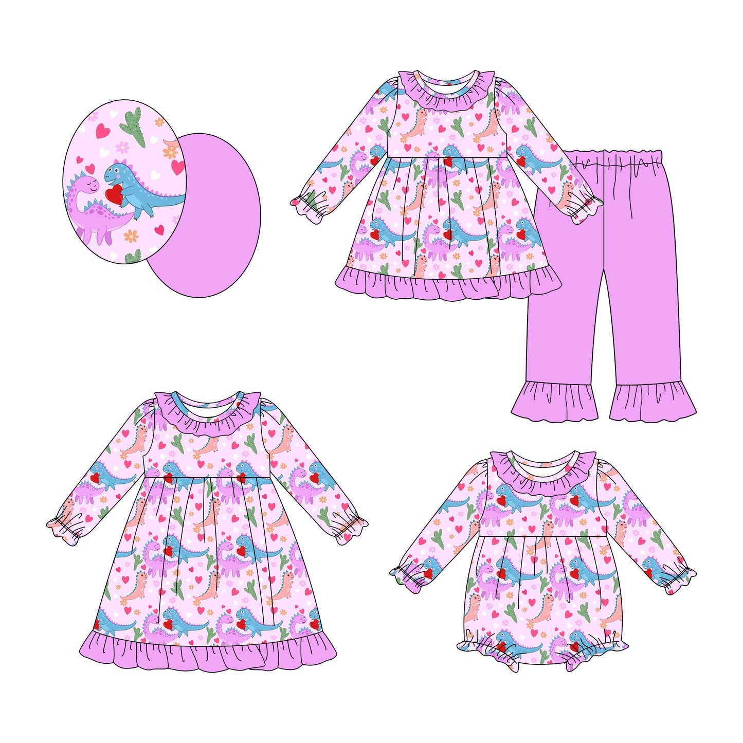 25.9.6 custom each style moq 5eta 4-6week Sibling Sisters dinosaur love baby girl long sleeve pants sets and dress and rompers match family design