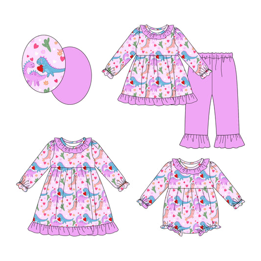 25.9.6 custom each style moq 5eta 4-6week Sibling Sisters dinosaur love baby girl long sleeve pants sets and dress and rompers match family design