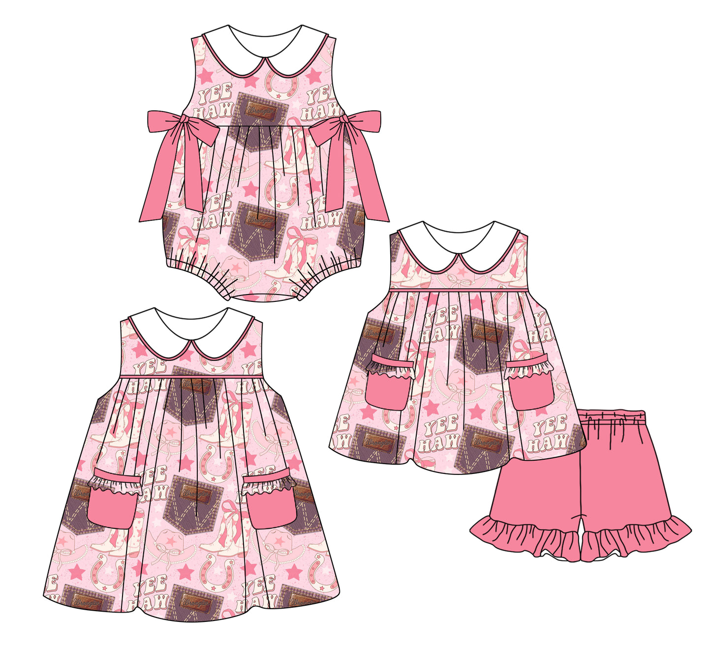 2.24 custom each style moq 5eta 4-6week Sibling Sisters boot bow baby girl short sleeve shorts sets and dress and rompers match family design