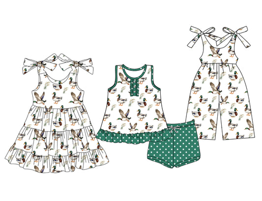 331 custom each style moq 5eta 4-6week Sibling Sister duck baby girl short sleeve shorts sets and dresses and jumpsuit match design