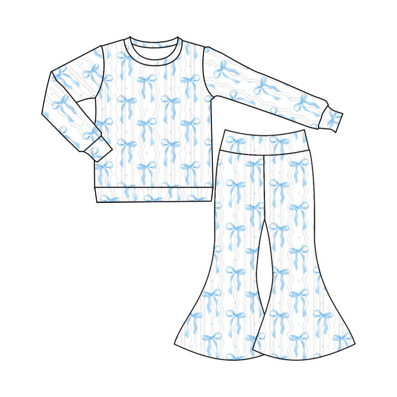 9.24 custom each style moq 5eta 4-6week baby girls clothes bow blue long sleeve pants sets
